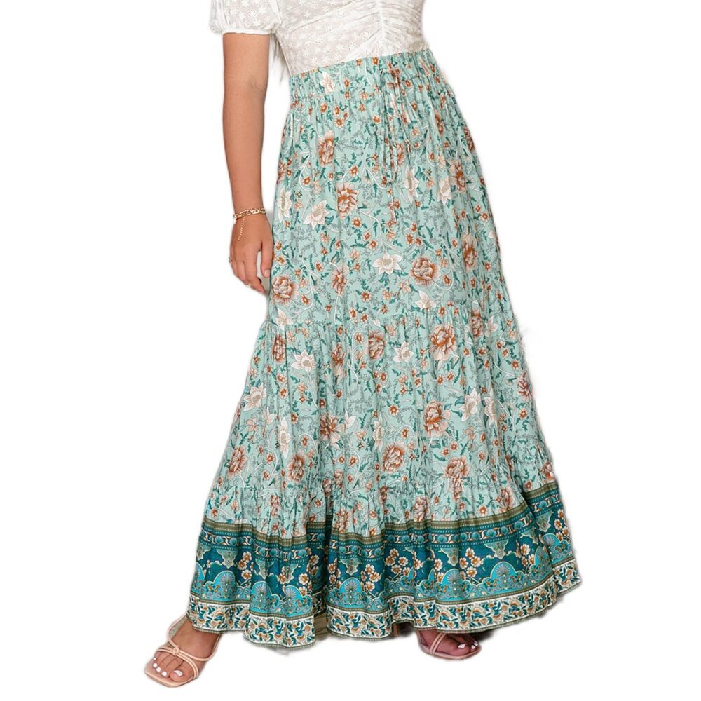 8142 Plus Size Boho Floral Maxi Skirt Party Beach Elastic Waist Long Skirt